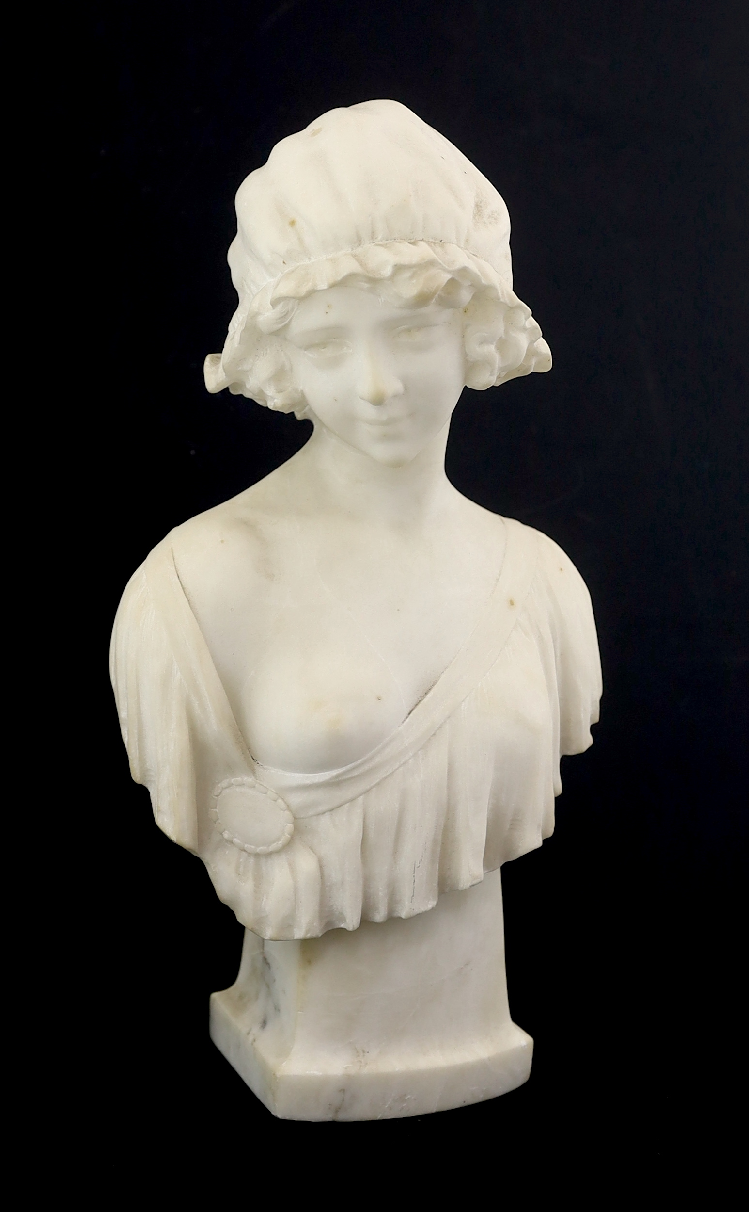 P. Conti, an early 20th century carved marble bust of a young woman